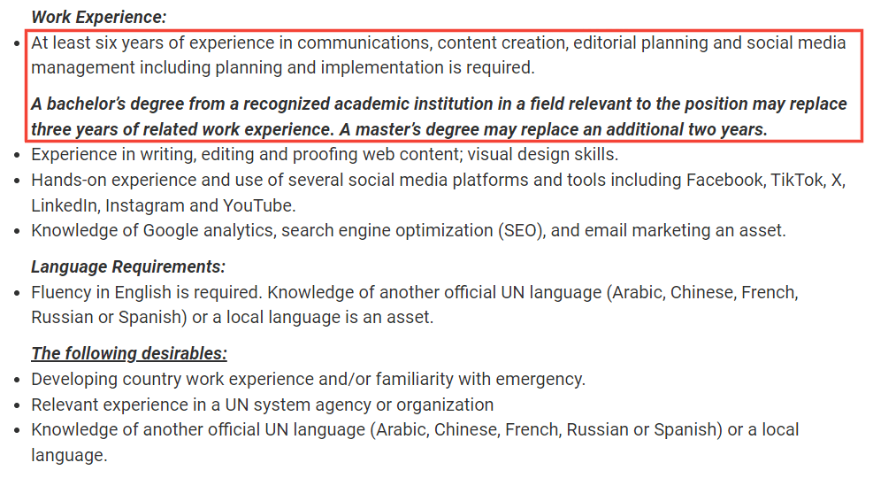 UNICEF Job Requirement